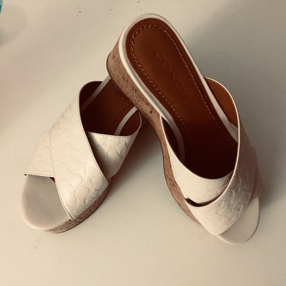 Coach $225 Espadrilles sz6.5 Cork Wedge Slide Sandals Logo Cross Band Chalk - Picture 2 of 5